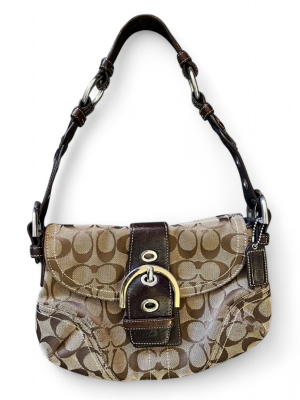 COACH VTG Soho Signature Jacquard Buckle Shoulder Bag Brown Canvas K05Q-6171 Y2K